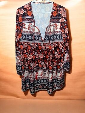 Floral V-Neck Tunic - Navy, Red & White